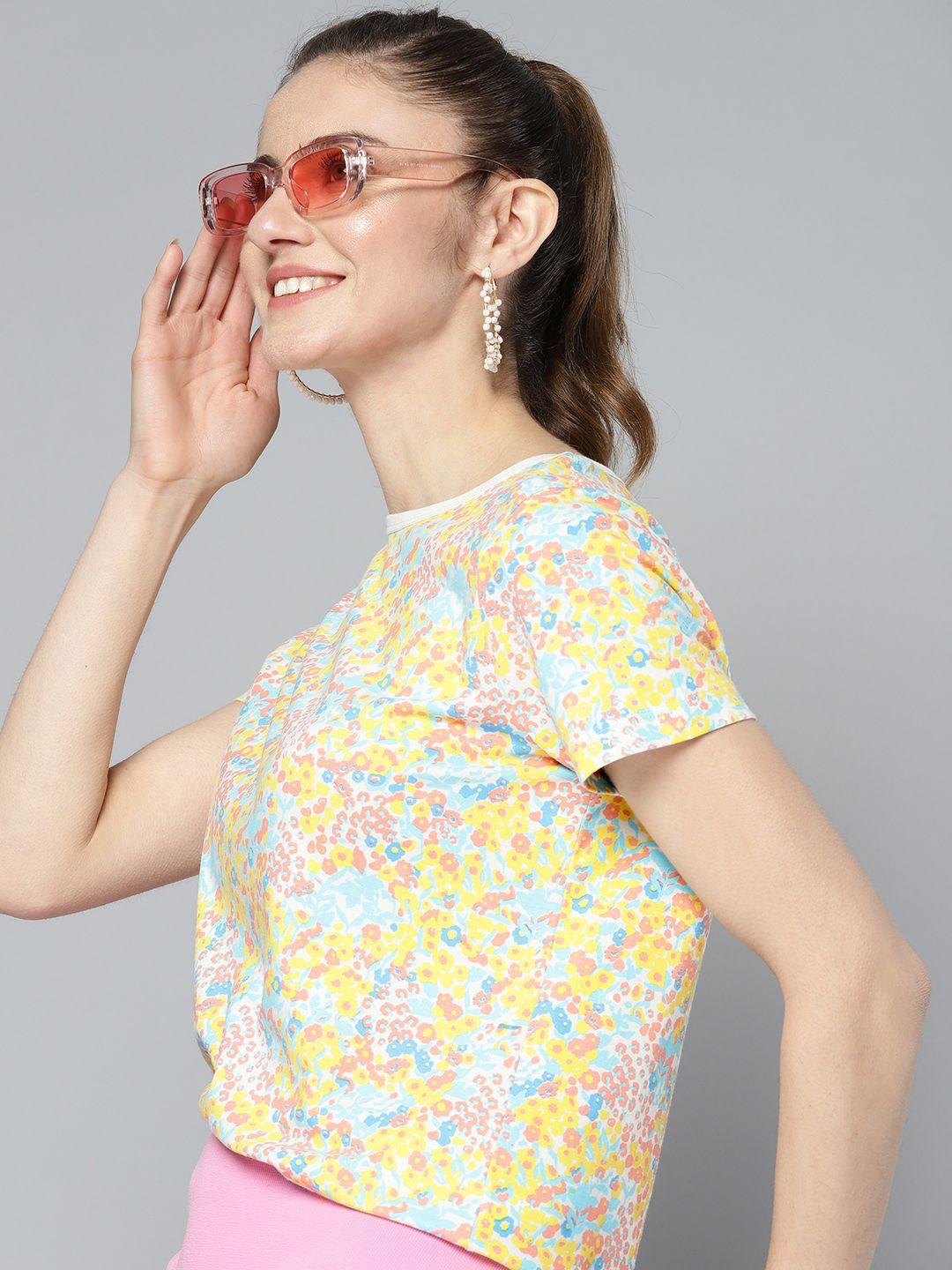 here&now women off white & yellow cotton floral printed t-shirt