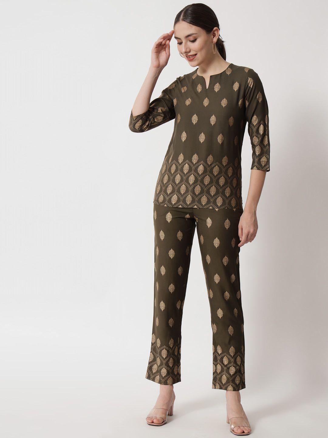 here&now women olive green & gold-toned ethnic printed night suit