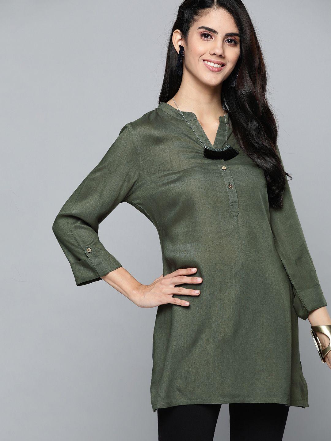 here&now women olive green solid kurti