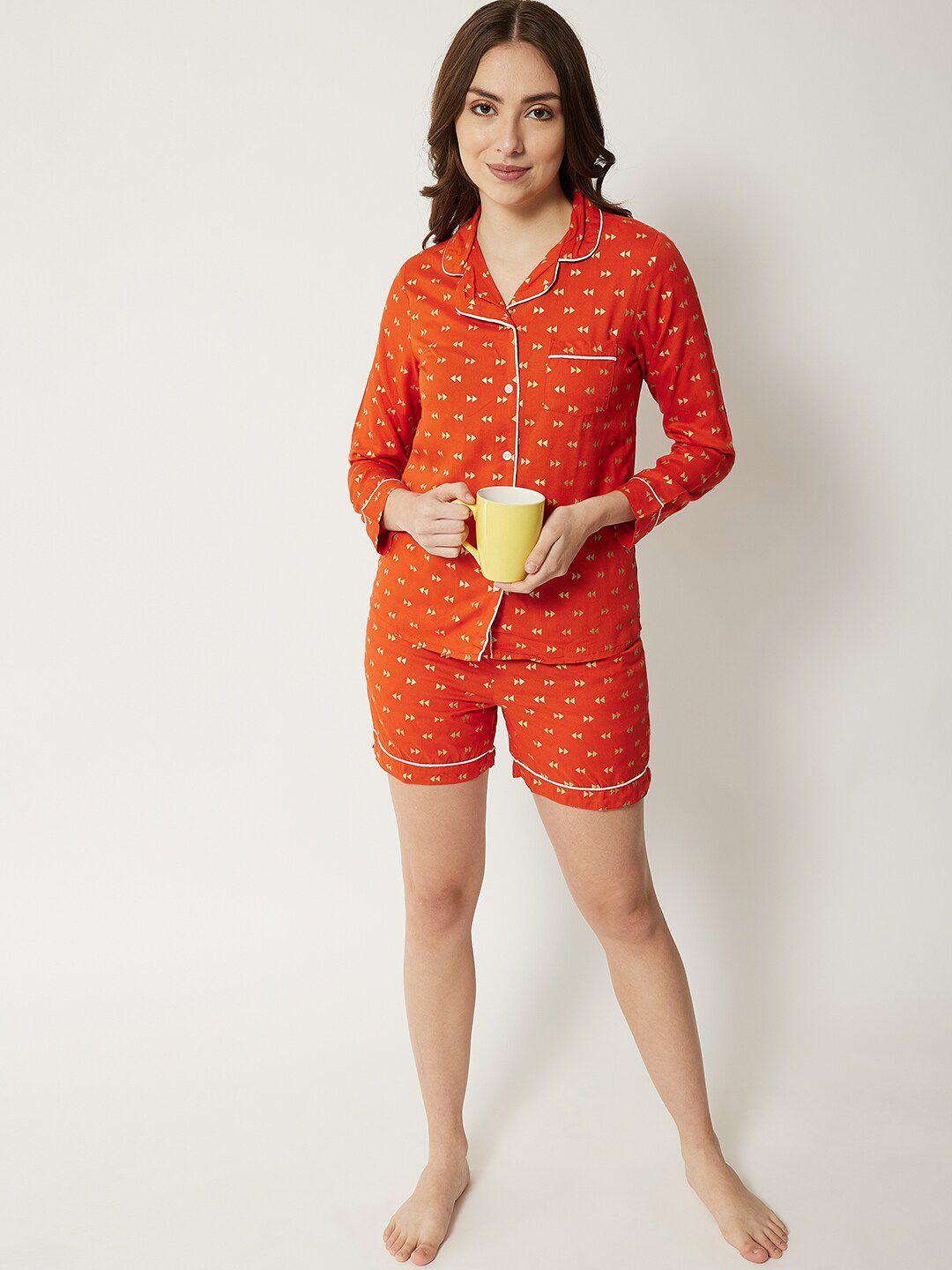 here&now women orange & white printed night suit