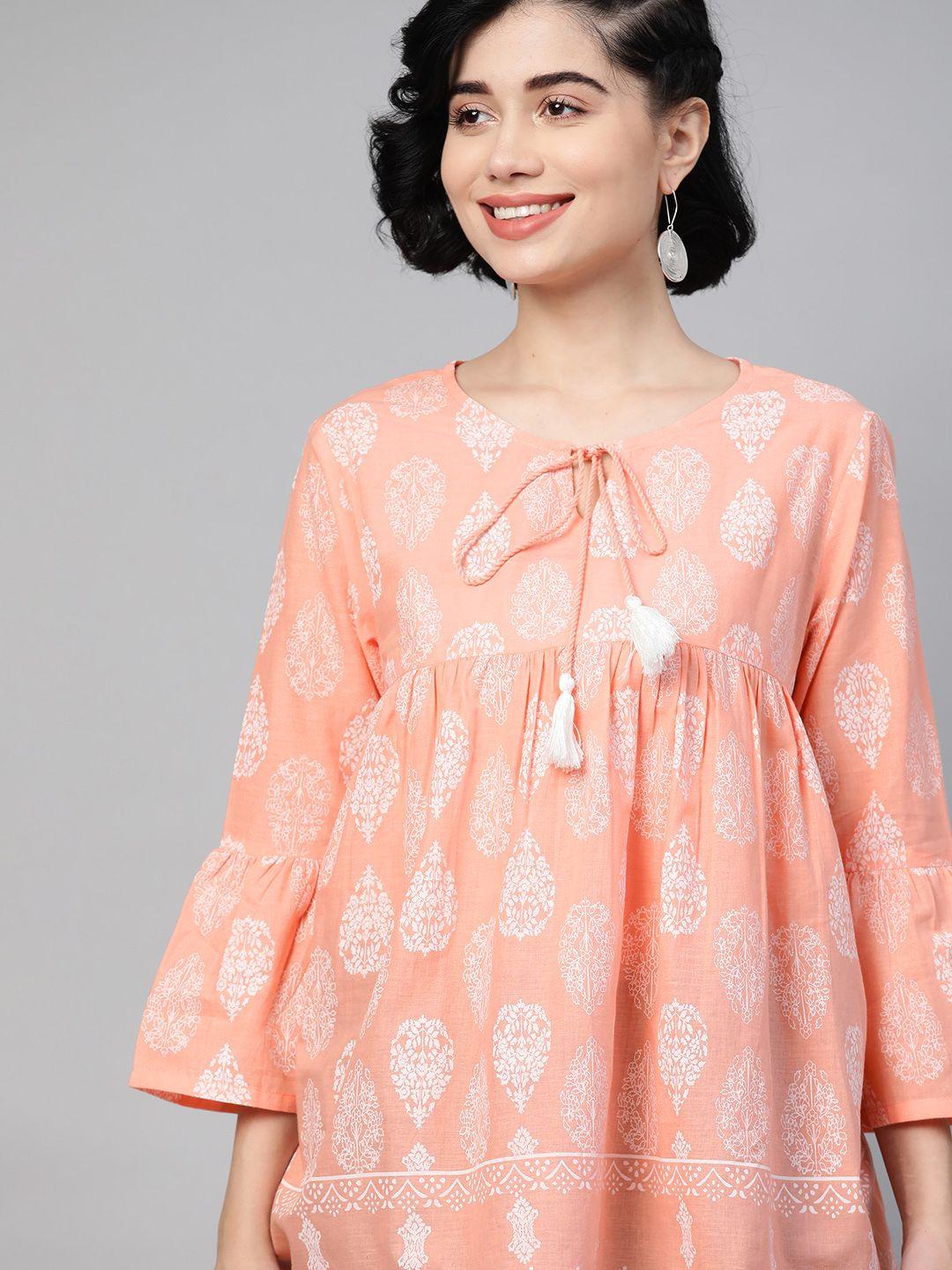 here&now women peach colored & white pure cotton tie-up neck bell sleeves a-line top