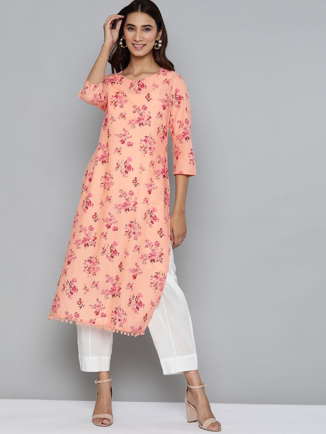 here&now women peach-coloured & red floral printed straight kurta