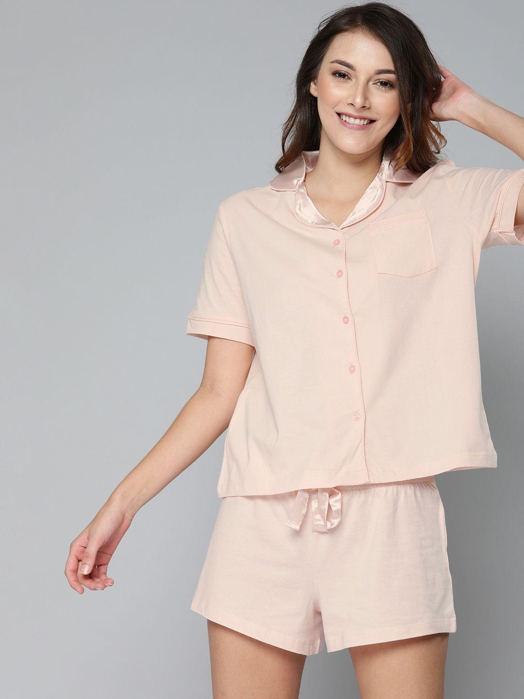 here&now women peach-coloured solid night suit