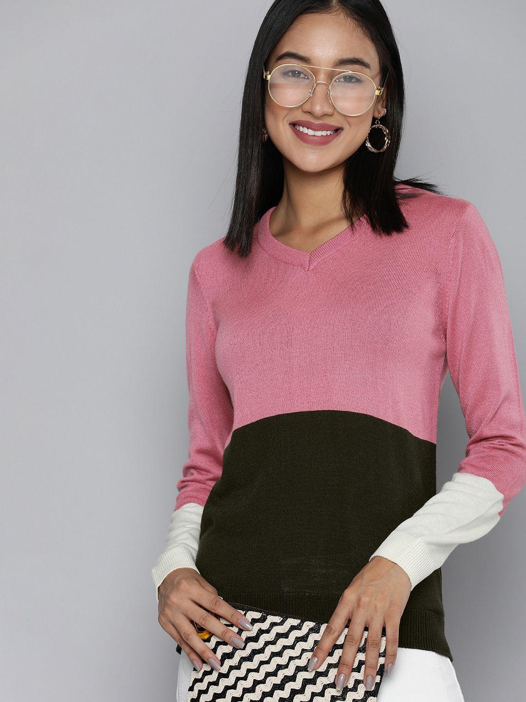 here&now women pink & black colourblocked pullover