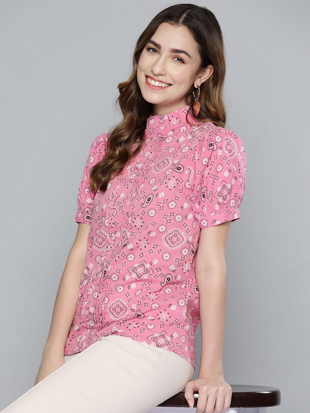 here&now women pink & white ethnic printed pure cotton top