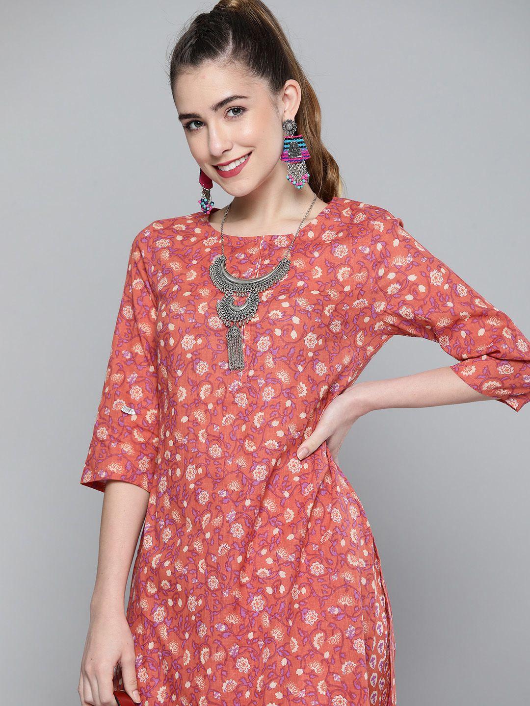 here&now women pink & white floral printed kurta with palazzos