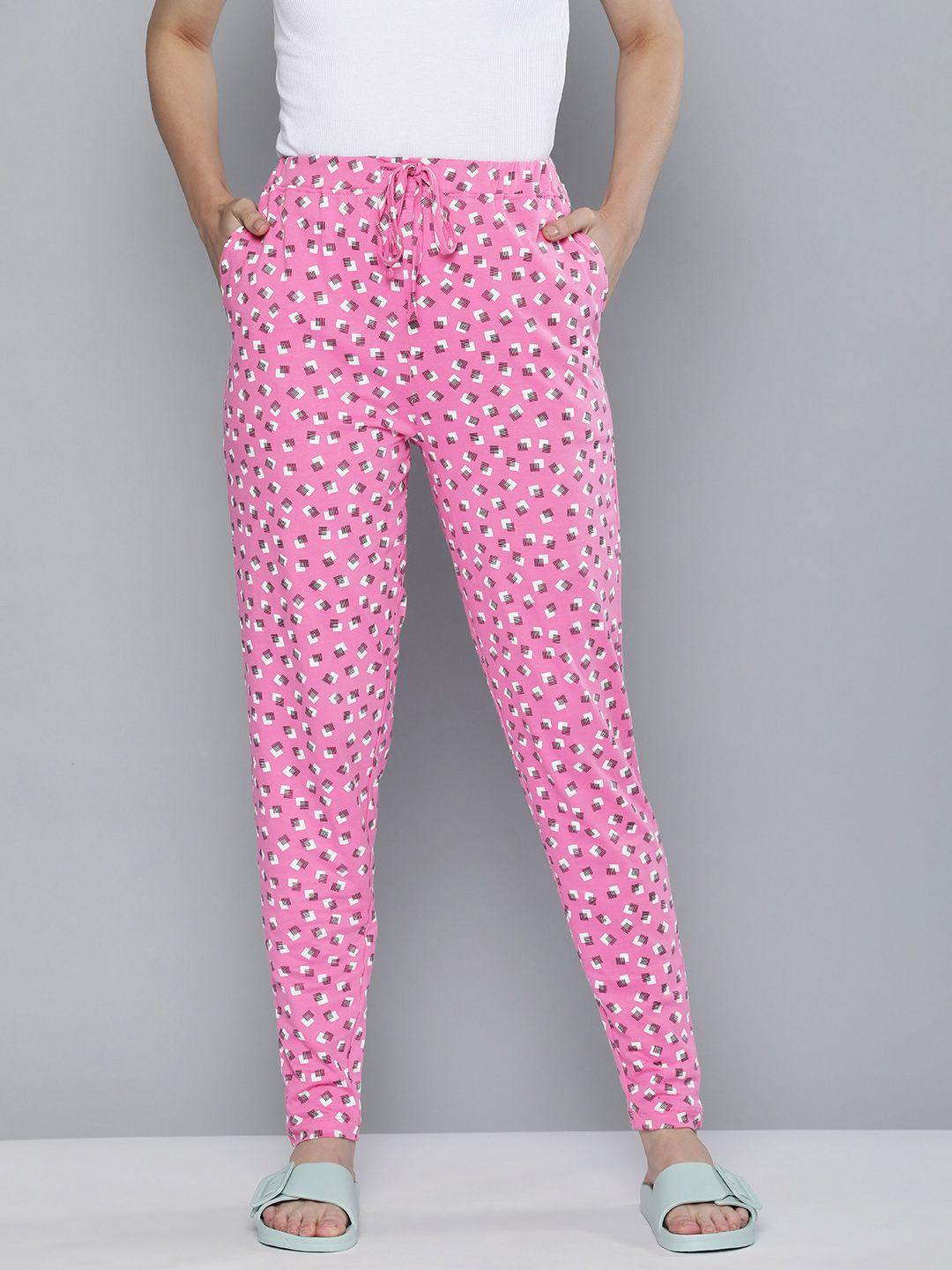 here&now women pink & white printed pure cotton lounge pants