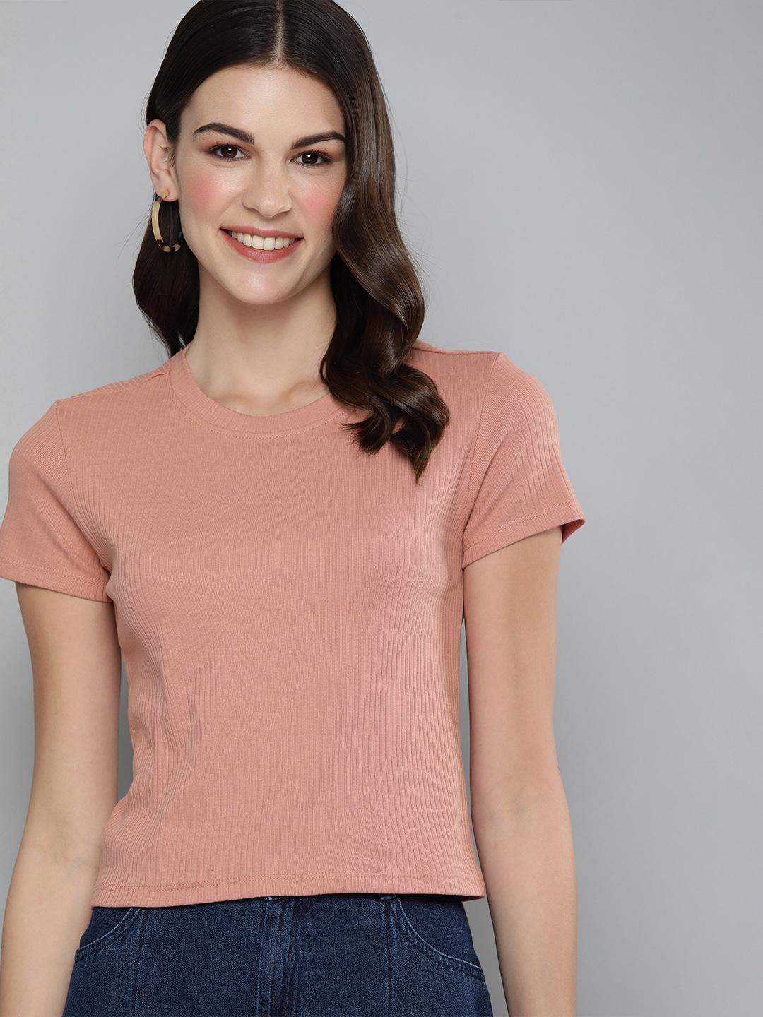 here&now women pink solid pure cotton regular top