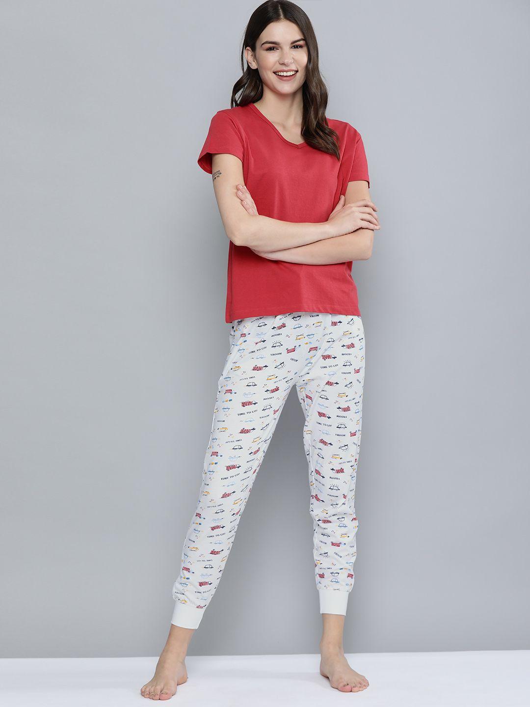 here&now women red & white solid night suit