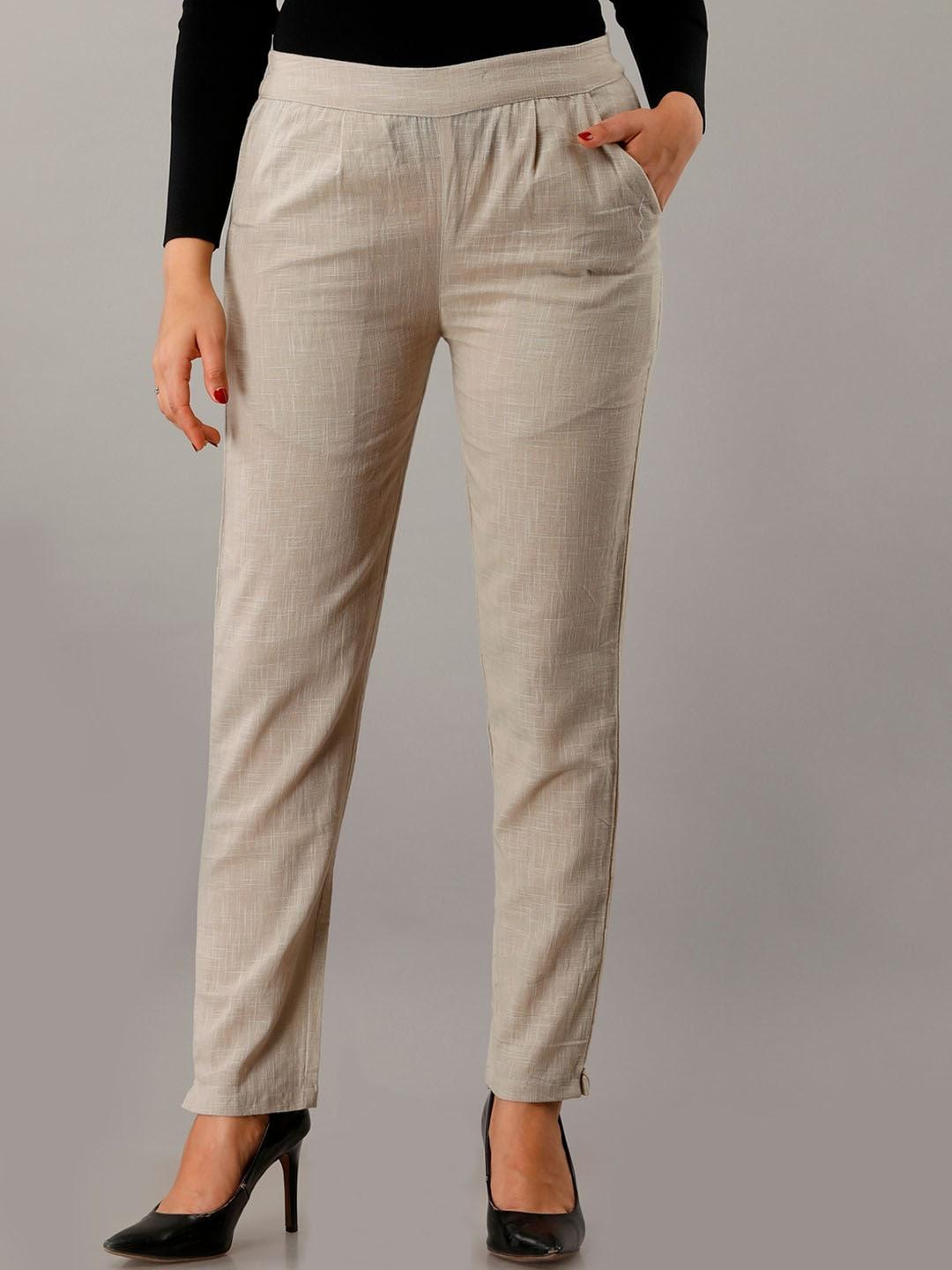 here&now women relaxed mid-rise cotton plain formal trousers trouser