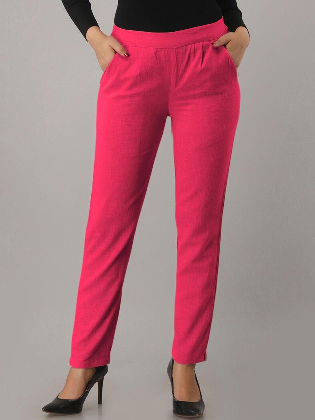 here&now women relaxed mid-rise cotton plain formal trousers trousers