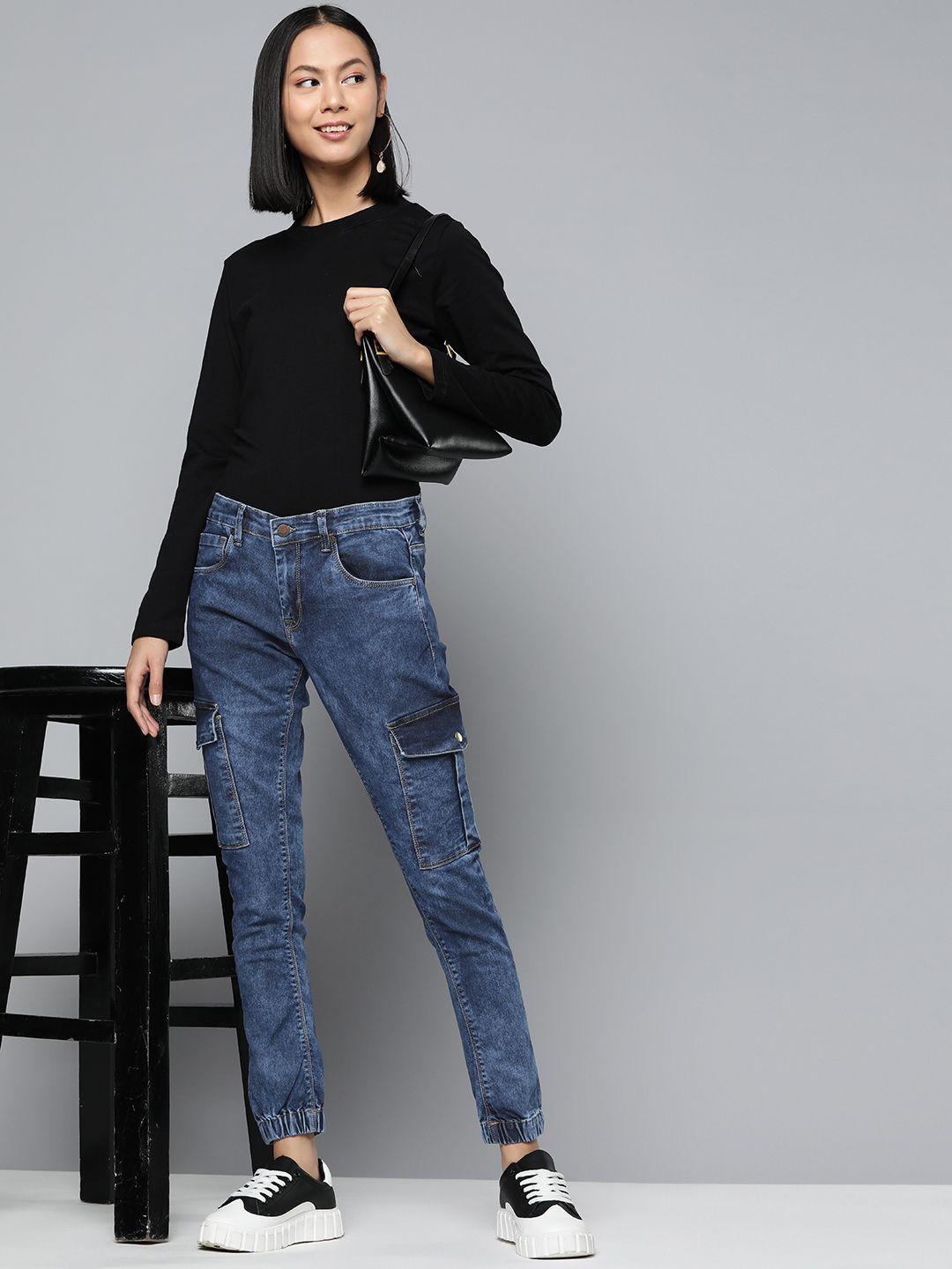 here&now women slim fit stretchable cargo jeans with cuffed hems