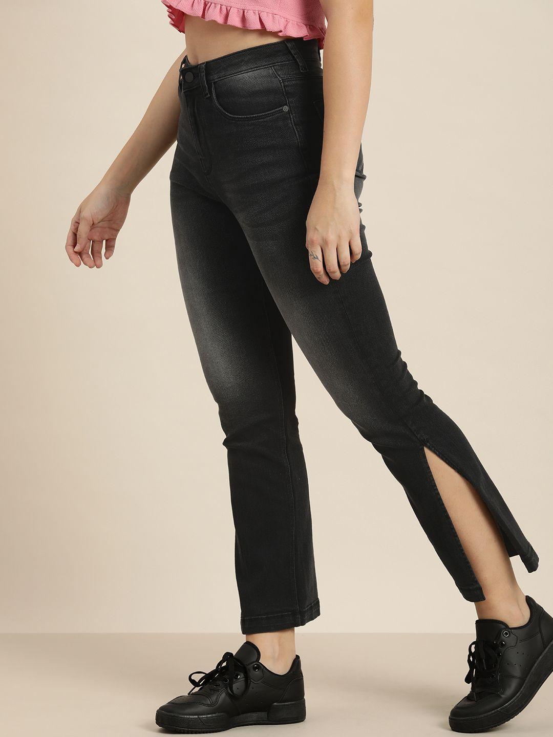 here&now women straight fit with slits high-rise light fade stretchable jeans