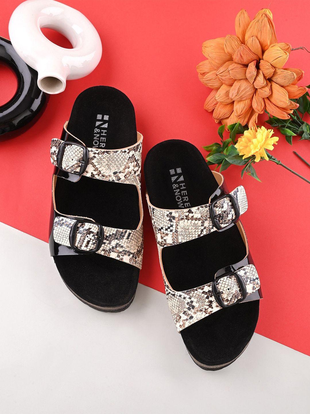 here&now women textured two strap comfort open toe flats with buckle detail