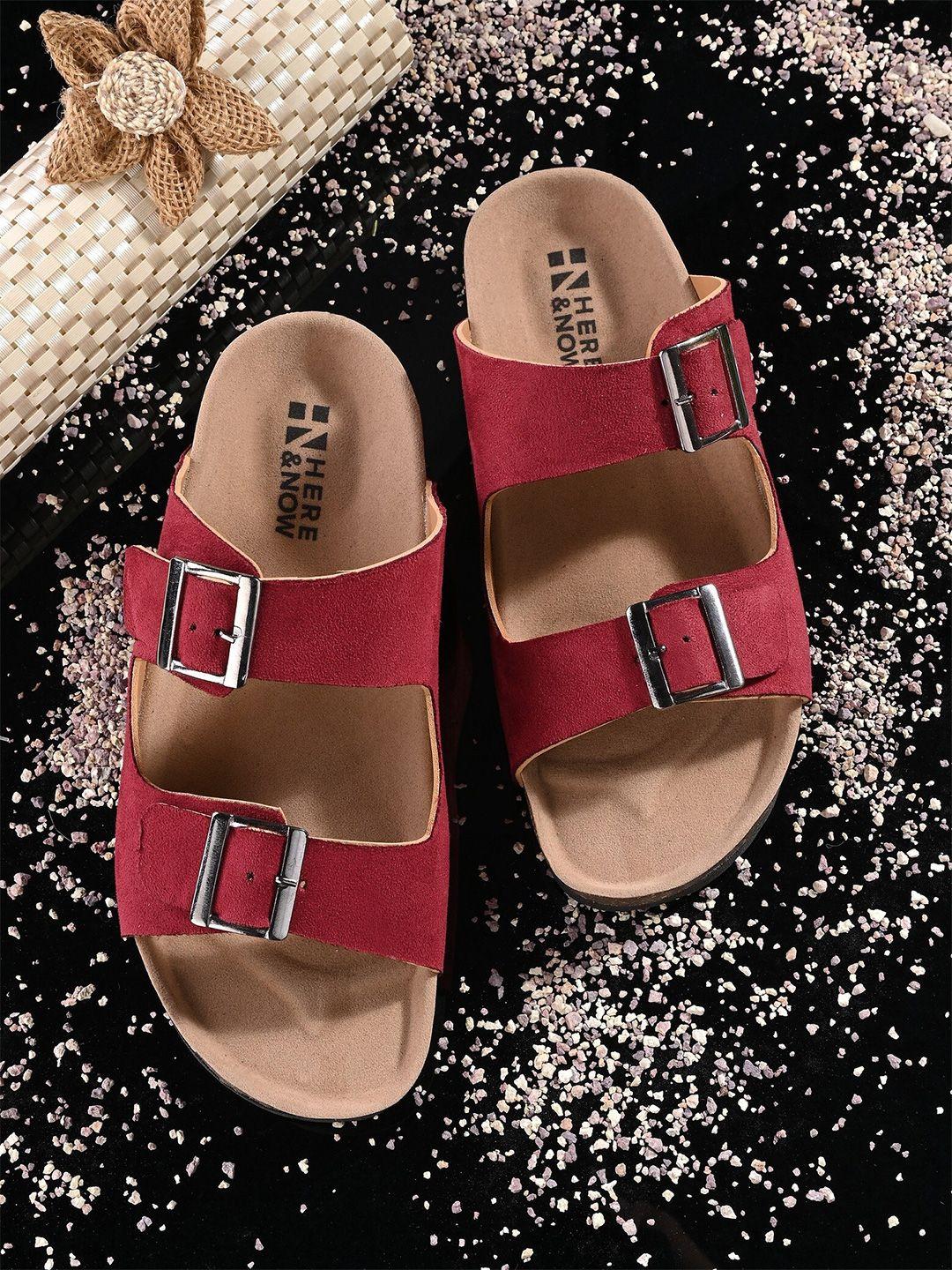 here&now women two strap comfort open toe flats with buckle detail