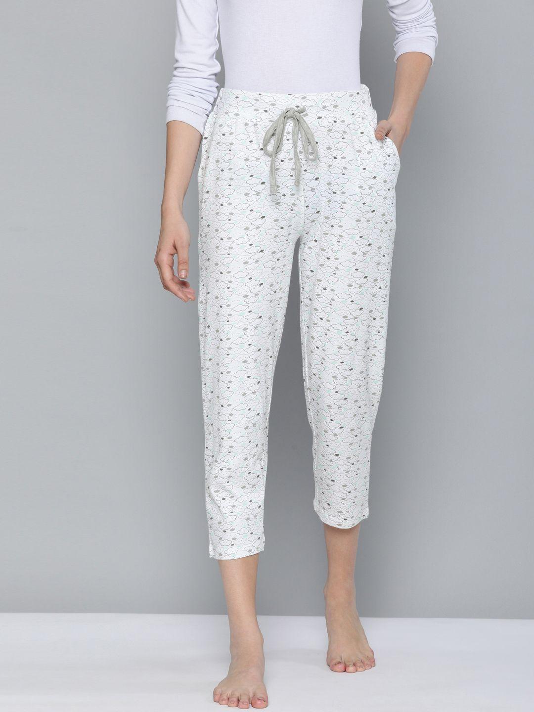 here&now women white & grey printed pure cotton cropped lounge pants
