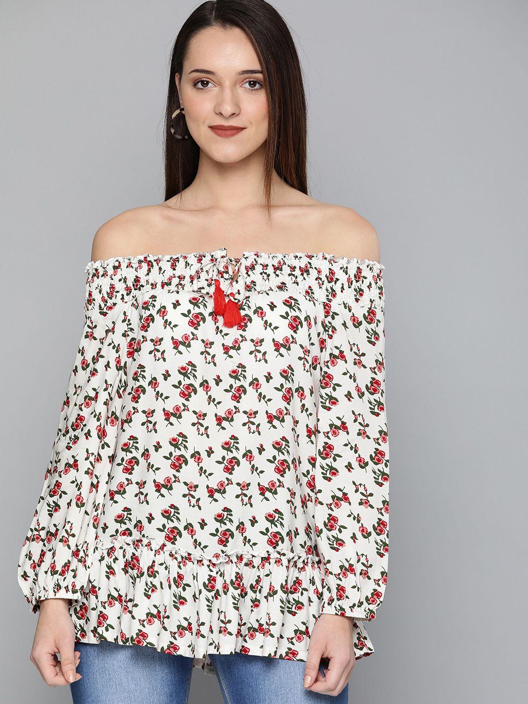 here&now women white & red floral print bardot top