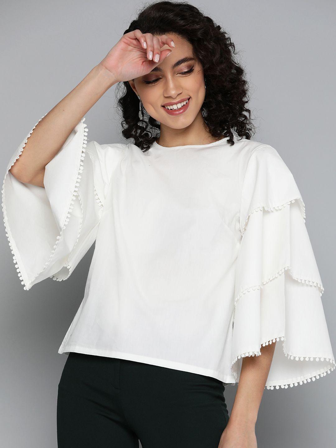 here&now women white pure cotton solid flared sleeves top