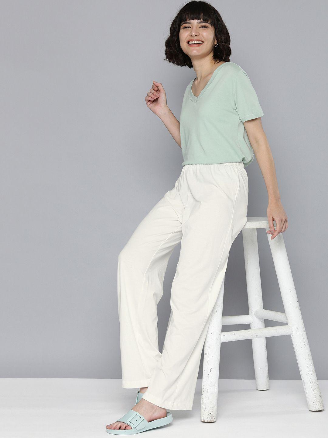 here&now women white solid cotton lounge pants