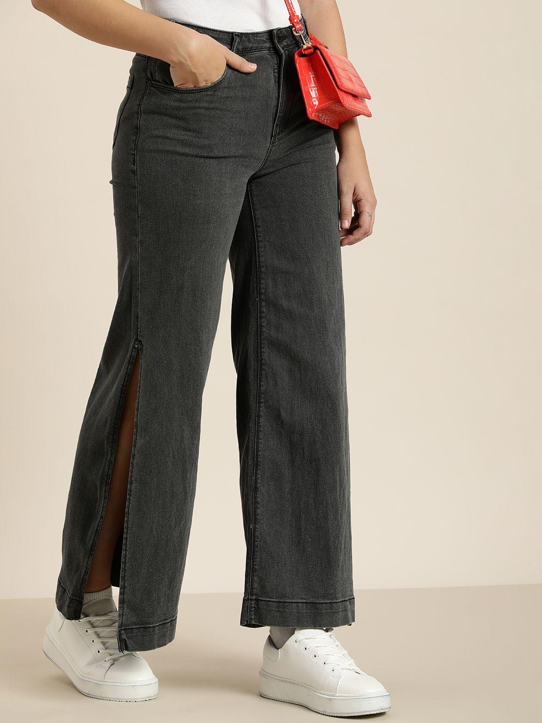 here&now women wide leg light fade stretchable jeans with side slits