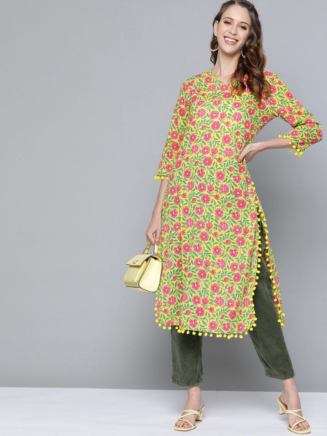 here&now women yellow & pink floral printed pure cotton kurta