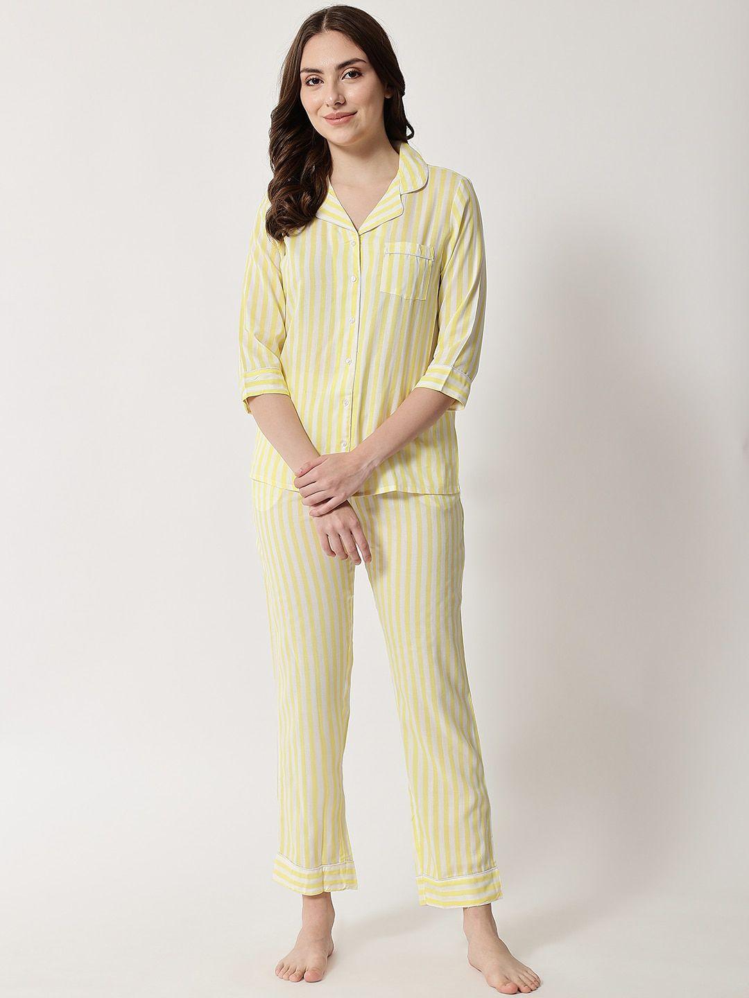 here&now women yellow & white striped night suit
