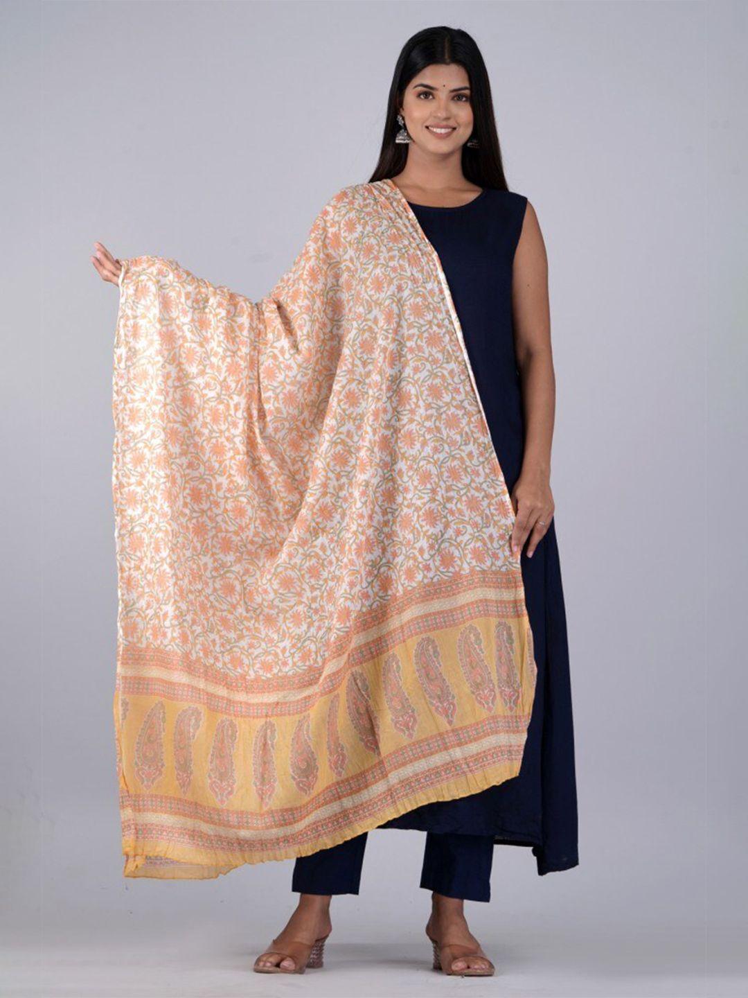 here&now yellow & white floral printed cotton dupatta