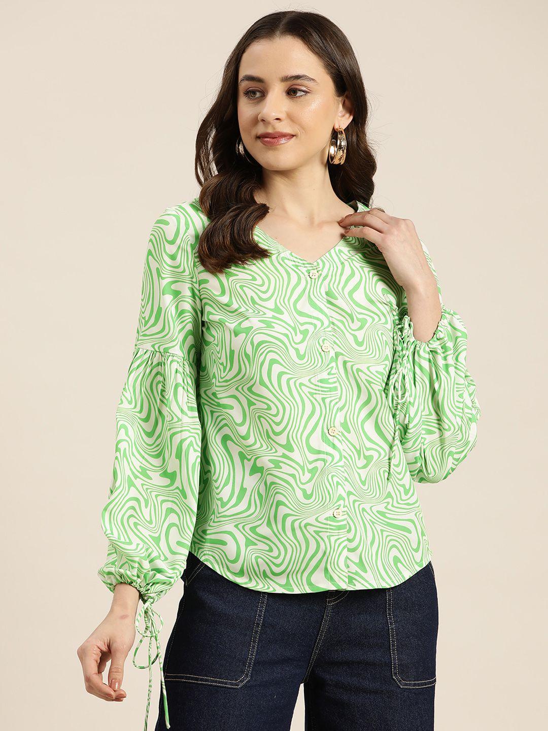 here&now abstract print tie-ups detailed puff sleeves front buttoned top