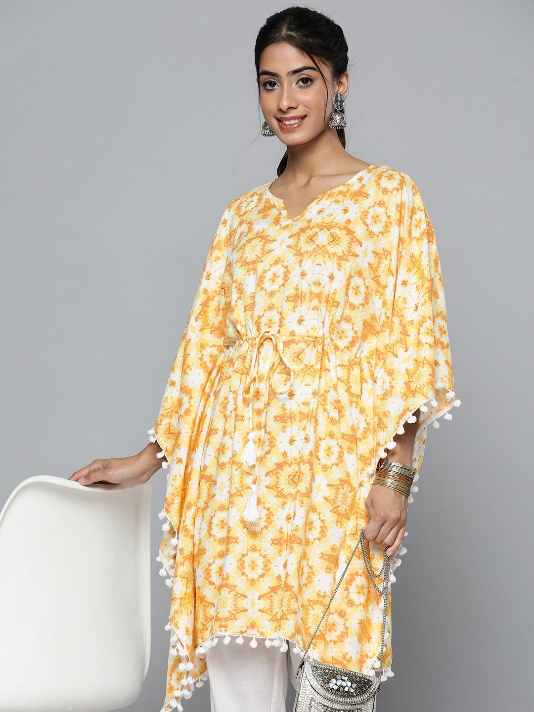 here&now abstract printed flared sleeves kaftan kurti with tie-ups detail