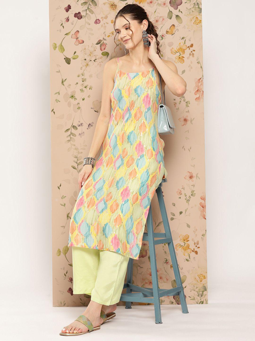 here&now abstract printed straight kurta with solid palazzos