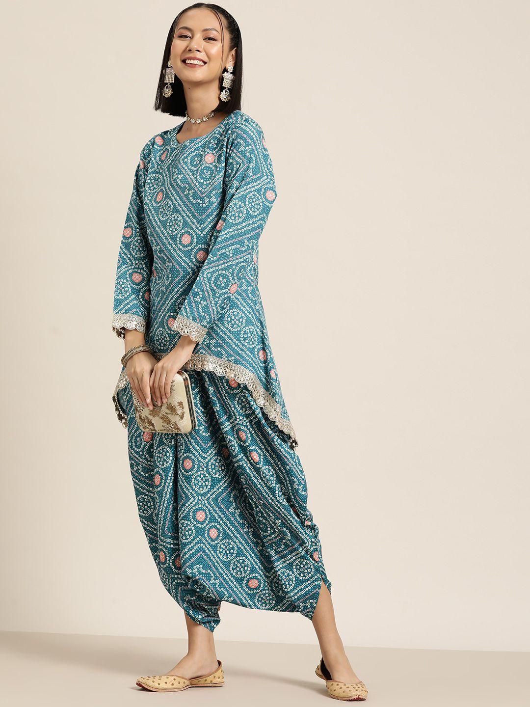 here&now bandhani print high-low kurta with harem pants