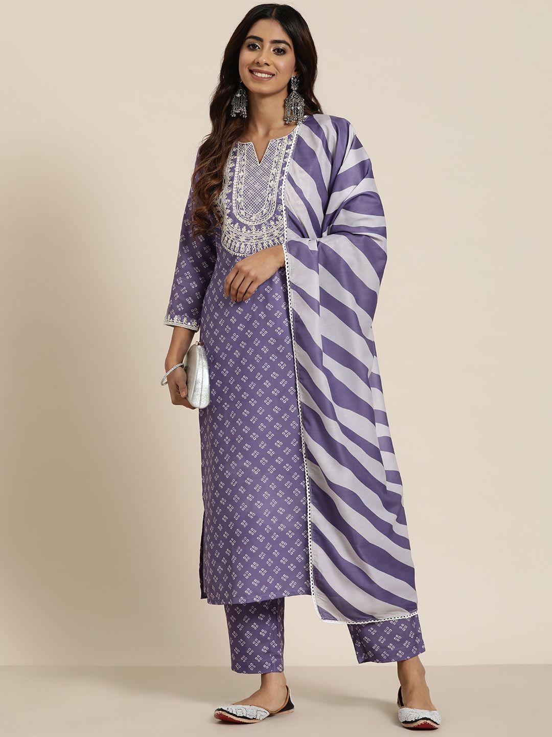 here&now bandhani printed regular sequinned kurta with trousers & dupatta