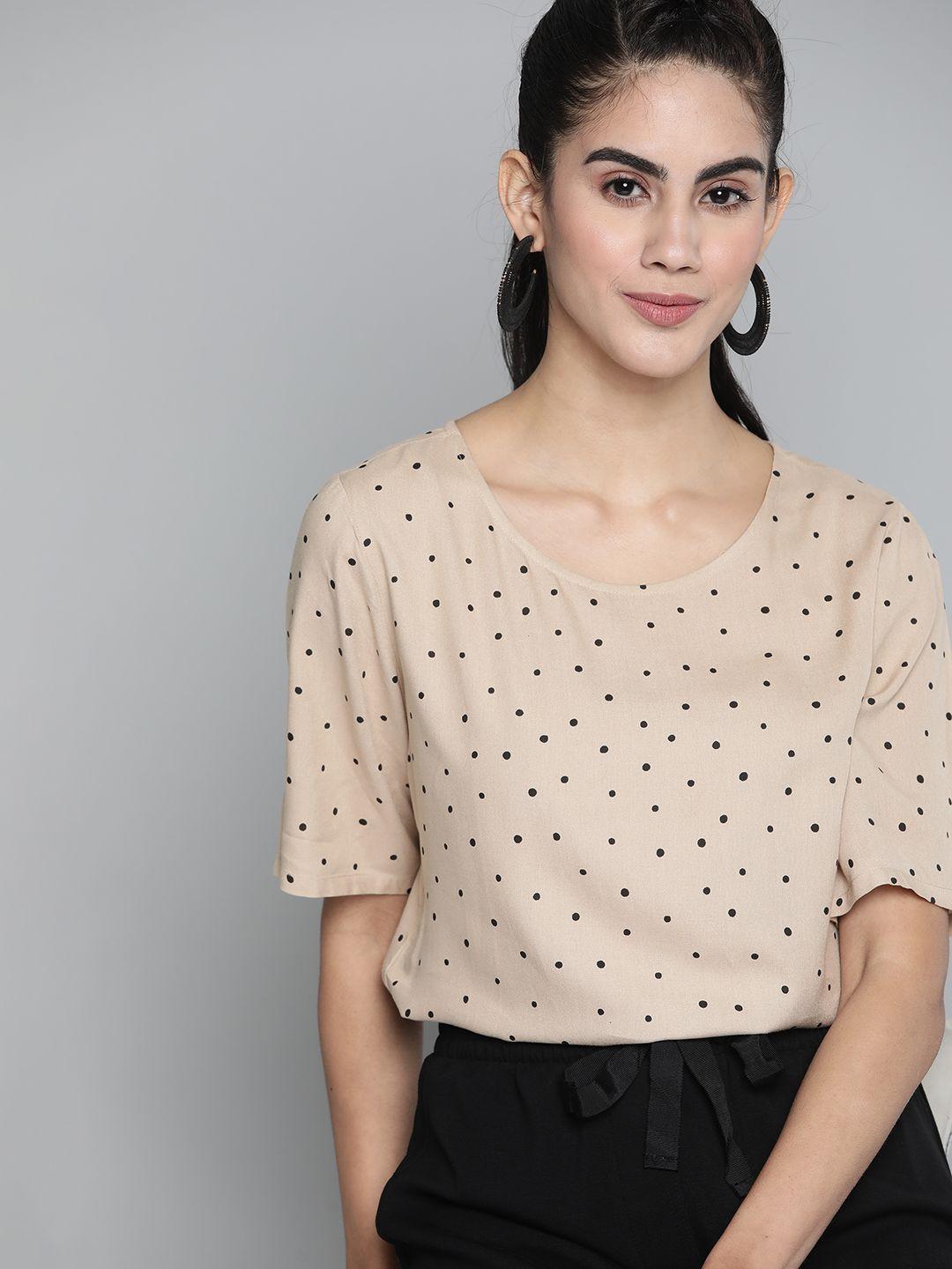 here&now beige & black polka dots print top