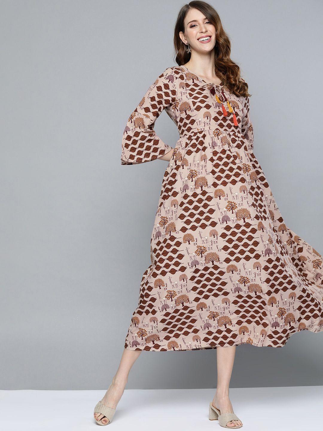 here&now beige & brown floral printed pure cotton tie-up neck a-line midi dress