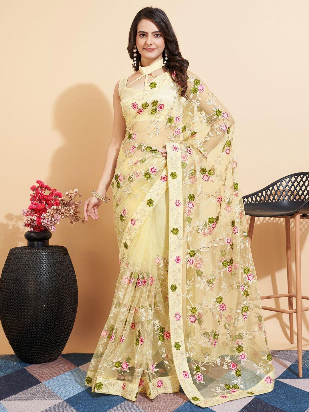 here&now beige & green floral embroidered net saree