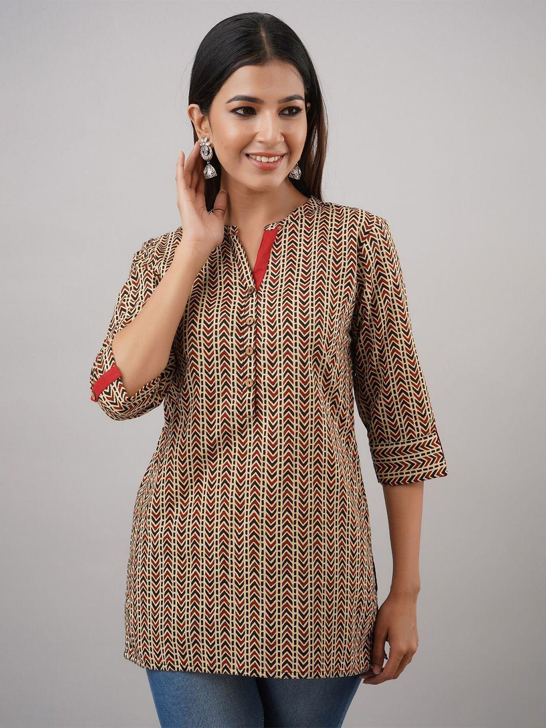 here&now beige & maroon ethnic motifs printed kurti