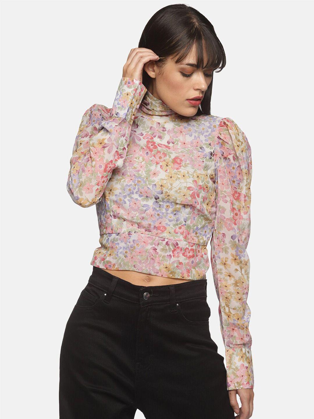 here&now beige & pink floral printed chiffon top
