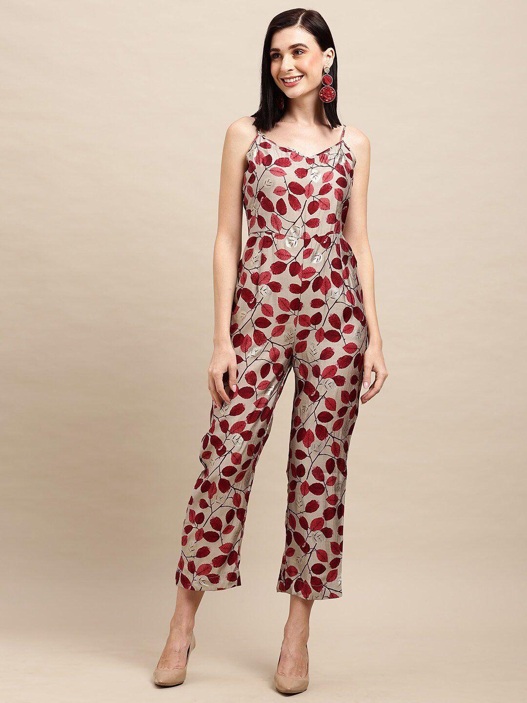 here&now beige & red printed basic jumpsuit