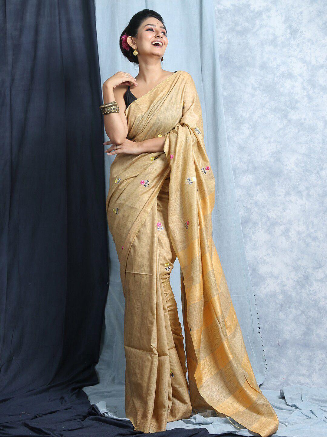 here&now beige & yellow floral embroidered bhagalpuri saree