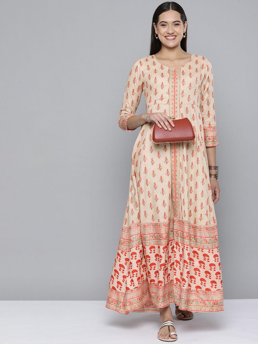 here&now beige ethnic motifs printed maxi empire ethnic dress