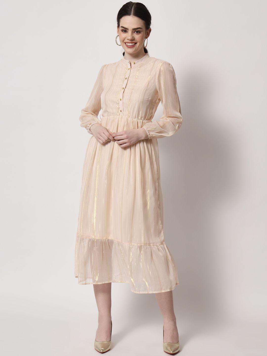 here&now beige striped chiffon a-line midi dress