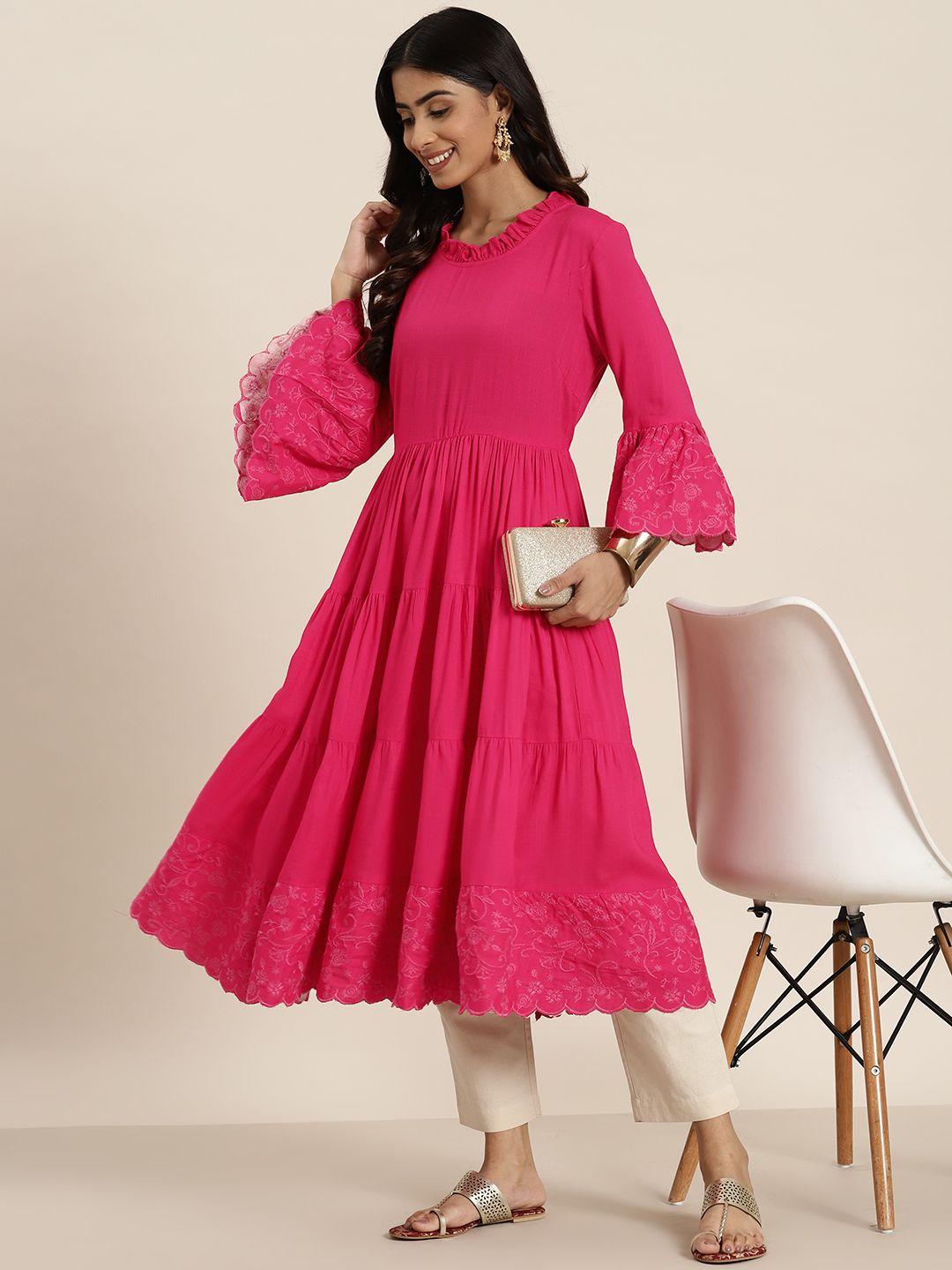 here&now bell sleeves thread work pleated kurta