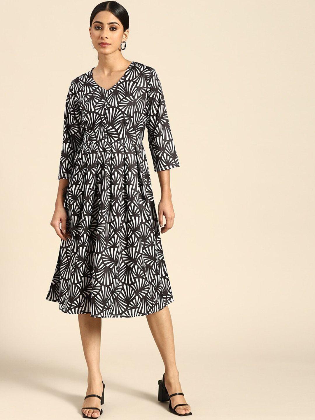 here&now black & charcoal floral print crepe a-line midi dress