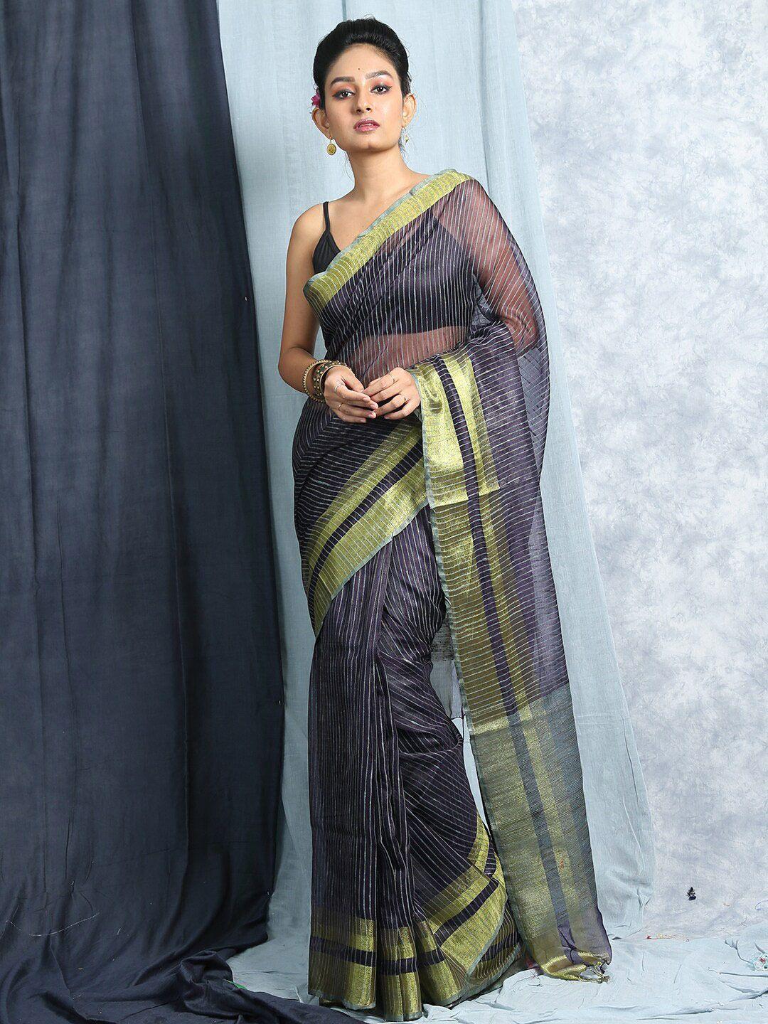 here&now black & gold-toned striped zari jute silk bhagalpuri saree