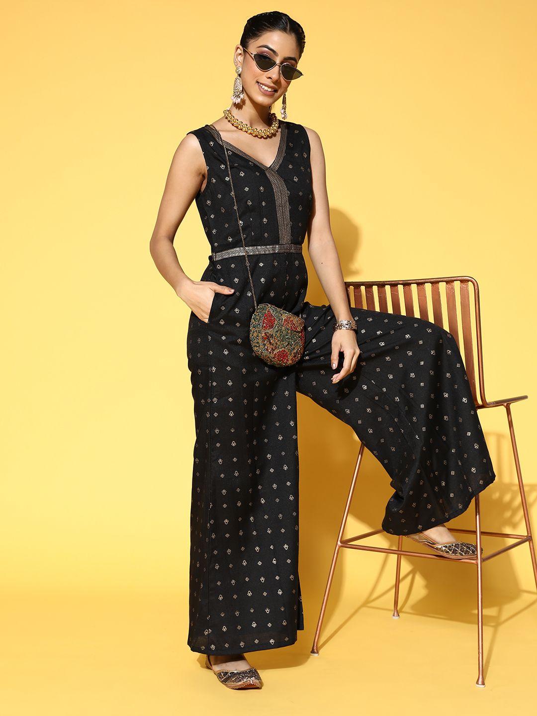 here&now black & golden ethnic motifs printed flared ethnic jumpsuit