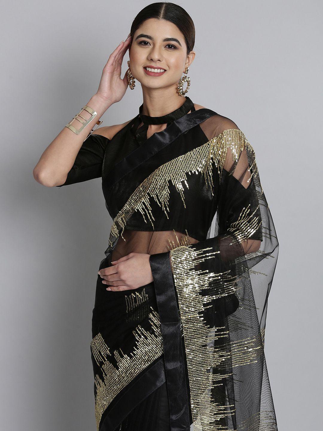 here&now black & golden sequinned net saree