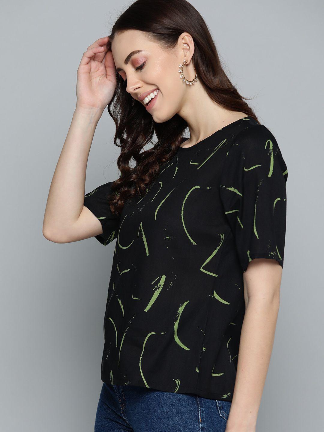 here&now black & green abstract print top