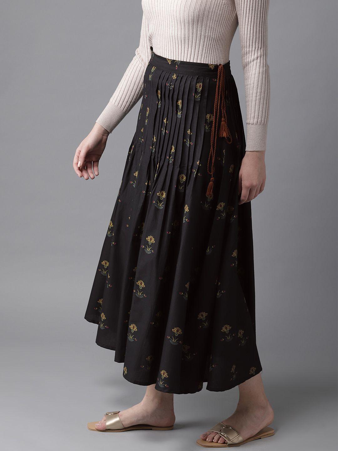 here&now black & green floral printed pleated maxi flared skirt