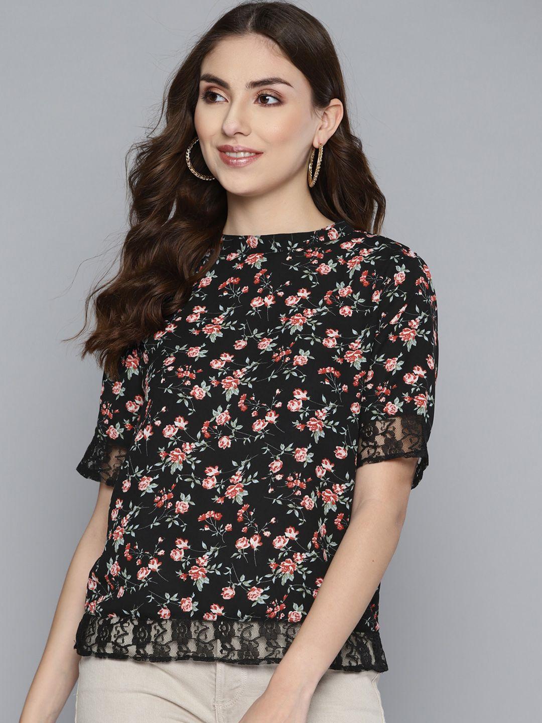 here&now black & pink floral print lace insert detail top