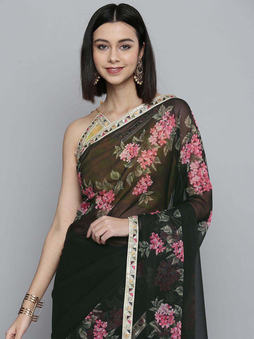 here&now black & pink floral print satin saree